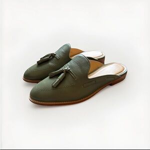 Leighton Leather Mules, Almond Toe, Olive Green,  size 9 tassel slides new women